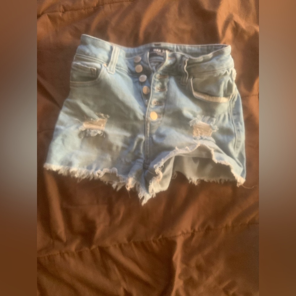 Blue high rise jean shorts with rips, size: medium